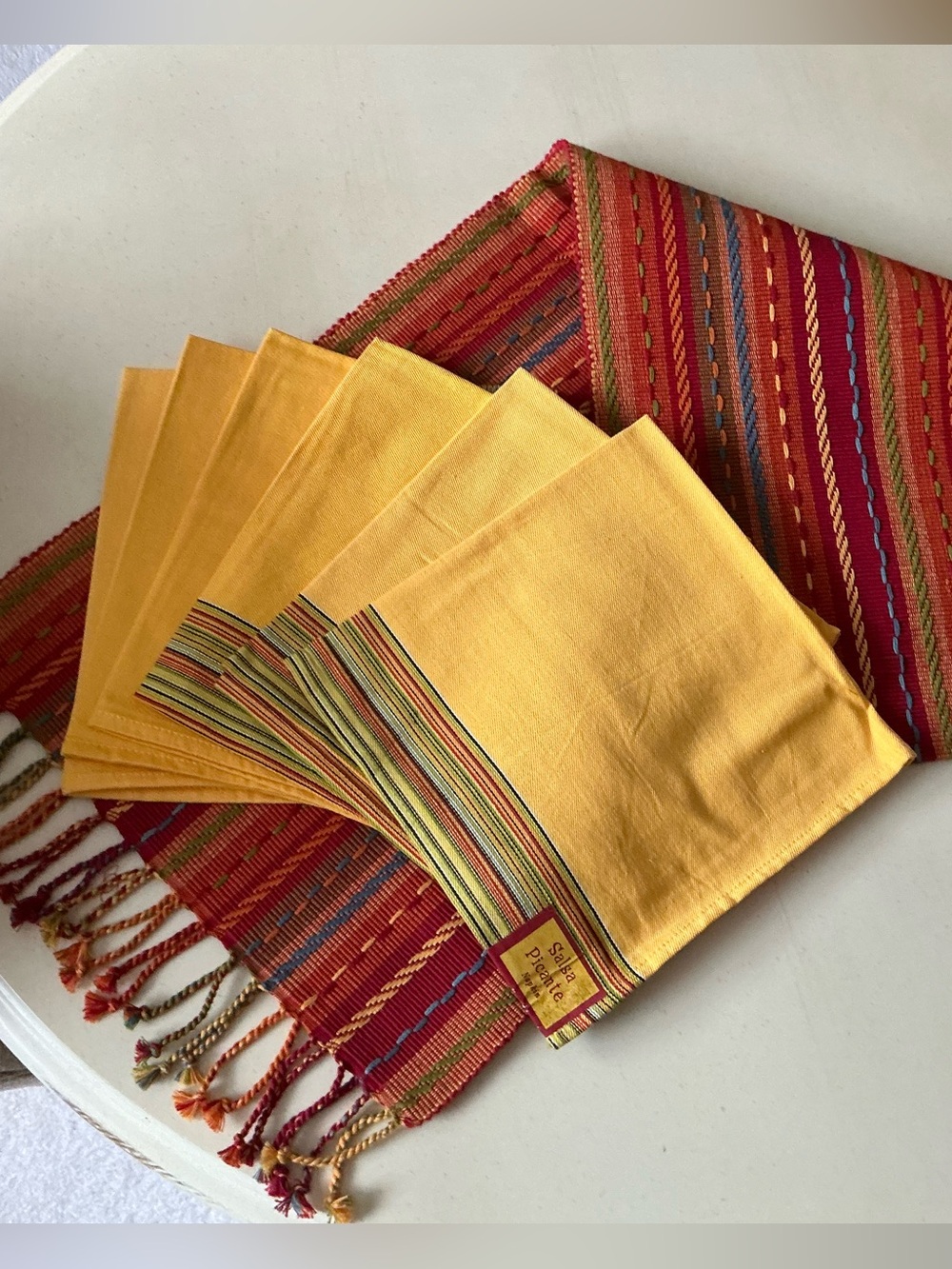 Beautiful Colorful Woven Table Runner & 6 Coordinating Yellow Napkins